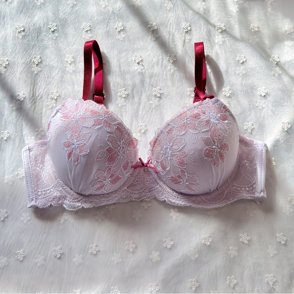 Sold Out! US-32C/JP-D70 Japanese Floral Embroidery Satin Bow Push Up Bra